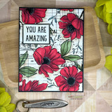 Deep red anemones on the newsprint background with 'YOU ARE AMAZING'