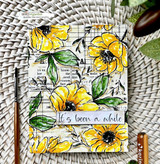 Yellow sunflower-toned version of the background with 'It's been a while' banner