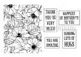 Red rubber stamp sheet: full poppy newsprint background with four sentiments including 'happiest of birthdays to you'