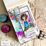 Art journal spread with a framed girl figure and the floral newsprint background