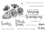 Red rubber stamp sheet with a bunch of sunflowers over a chevron ground, ringed by Thanksgiving word stamps including 'thankful for you', 'give thanks', 'season of thanks' and 'You warm my heart'.