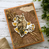 Card of an owl perched among autumn leaves on a woodgrain background, 'Autumn greetings.'