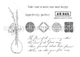 Line-art red rubber stamp of a floral vase with vintage postage stamps and "Take time to make your soul happy."