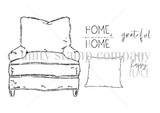 My Happy Place red rubber stamp sheet by Jeanie Hays: an overstuffed armchair and pillow with 'HOME, HOME,' 'grateful' and 'happy place' sentiments.