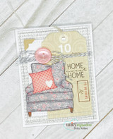 Tag with a gray floral armchair, pink heart pillow and 'HOME, HOME.'