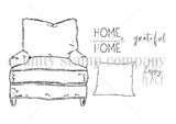 My Happy Place red rubber stamp sheet by Jeanie Hays: an overstuffed armchair and pillow with 'HOME, HOME,' 'grateful' and 'happy place' sentiments.