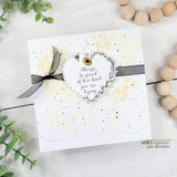 Square white card with a bokeh-dot background, black ribbon, and the floral heart wreath around 'Always be proud of how hard you are trying'