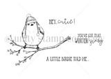 Red rubber stamp of a plump bird in a winter hat on a berry branch with 'You've got that winter swag,' 'A little birdie told me' and 'Hey, cutie!'