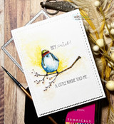 Card with the blue-hat bird on a branch and 'Hey, cutie! A little birdie told me.'