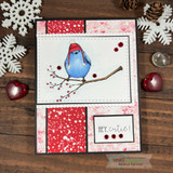 Red-and-white card with the blue bird on a berry branch and 'Hey, cutie!'