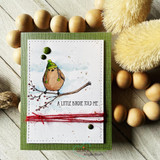 Green card with the bird in a green hat on a branch and 'A little birdie told me.'