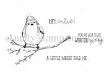 Red rubber stamp sheet with a plump little bird in a knit hat perched on a berry branch, carrying 'HEY, cutie!' and 'A LITTLE BIRDIE TOLD ME...'