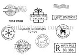 Christmas Express red rubber stamp set in line art: a Dec 24 postage stamp, a Santa's Toy Factory parcel, circular North Pole postmarks with a deer and a snowflake, wavy cancellation marks, and the sentiments “A Merry Christmas to you,” “HAPPY HOLIDAYS,” “POST CARD,” “WITH LOVE” and “North Pole No 386.”