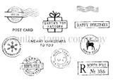 Red rubber stamp sheet of holiday postal marks: a POST CARD panel, a wrapped gift, cancellation waves and North Pole and Santa's Toy Factory stamps.