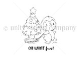 Bring on the Fun itty bitty red rubber stamp set in line art: a penguin pulling a sled loaded with a star-topped Christmas tree, above the sentiment “OH WHAT FUN!”