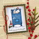 Card with a blue mailbox stuffed with mail on a green frame, 'Making spirits bright.'