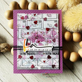 Card with envelopes and hearts on a purple background, 'la la la la la.'