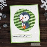 Christmas card with a penguin in a green scarf holding a candy cane inside a green striped circle on snowy embossed white paper, stamped 'May your holidays be sweet'