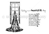 Stamp sheet: a bride from behind pushing open a tall paned window with shutters, her veil and gown flowing to the floor, plus 'Today is a beautiful day' and 'every day has its beautiful moments and those moments should be treasured forever'.