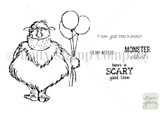 Stamp sheet for Monster Wishes: a big shaggy furry monster in sandals holding a bunch of balloons, and the sentiments 'from: your little monster', 'TO MY WEIRDO', 'MONSTER wishes!' and 'have a SCARY good time'.