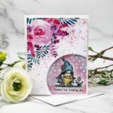 Card with a gnome peeking through a scalloped circle die frame