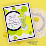 Yellow card with a cocktail in a scalloped circle die and 'why limit happy to an hour'