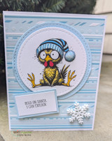 Winter card with an owl in a knit hat inside a scalloped circle die and 'hold on Santa, I can explain'