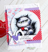 Card with an XOXO cat in a scalloped circle die and 'I love you, you're welcome'