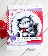 Card with a shaggy dog in a scalloped circle die and 'happy hugs'