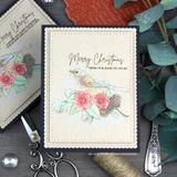 Cream card with a hand colored songbird perched among coral poppies and pinecones, stamped 'Merry Christmas' over 'FROM OUR HOME TO YOURS'.