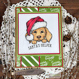 Santa-hat puppy on a green striped card, 'Santa's helper'.