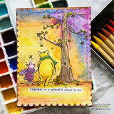 Sunset watercolor card with Pooh and Piglet by the tree and 'Together is a splendid place to be.'