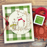 Card with Pooh and Piglet from behind on a green gingham circle with a die beside it.