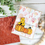 Card of Pooh with pumpkins on an embossed leaf background, 'there is always something to be grateful for.'