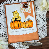 Card of Pooh with pumpkins on a soft blue panel, 'fallish days are the most delightful of days.'