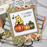 Card of Pooh with autumn pumpkins on plaid papers, 'it's a thankful sort of day.'