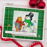 Green plaid card of Pooh decorating a snowman, 'There's snowone more wonderful than you' banner