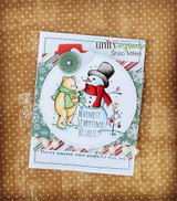 Candy-cane trimmed circle card of Pooh and snowman, 'Warmest Christmas wishes!'