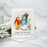 Clean white card of Pooh and snowman with 'Warmest Christmas Wishes!' and holiday greens