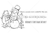 Red rubber stamp art of Winnie the Pooh building a top-hatted snowman with three warm Christmas sentiments