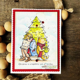 Winnie the Pooh and Christopher Robin read together by a Christmas tree with 'I can already feel the Merry,' a red rubber holiday stamp on a card.