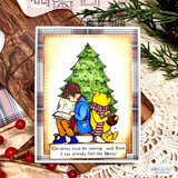 Winnie the Pooh and Christopher Robin read together by a Christmas tree with 'I can already feel the Merry,' a red rubber holiday stamp on a card.