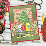 Winnie the Pooh and Christopher Robin read together by a Christmas tree with 'I can already feel the Merry,' a red rubber holiday stamp on a card.