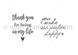 Red rubber stamp sheet of brush script gratitude sentiments reading 'thank you for being in my life' and 'you make me super happy'.