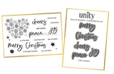 Heart of Christmas stamp and coordinating die bundle sheet with word sentiments 'cheers', 'peace', 'joy' and 'merry Christmas'.