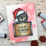 Christmas card with a Santa-hat cat holding a sign reading 'I'M THE GIFT THIS CHRISTMAS (you're welcome).'