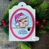 Oval tag card with an orange Santa-hat cat, 'Boss Elf' and 'We wish you a meowy Christmas.'