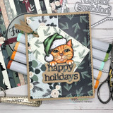 Card with the orange Santa-hat cat and 'happy holidays.'