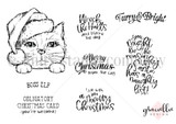 Red rubber stamp sheet with a grumpy cat in a drooping Santa hat peering over an edge, beside sassy holiday sentiments including 'Wreck the halls and blame the dog', 'Furry & Bright' and 'Boss elf'.