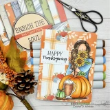 Sample card flat lay with alcohol markers, a pinecone and autumn leaves. A woman in blue holds sunflowers beside a large pumpkin on a plaid panel, with the Enrich the Soul pack cover behind.